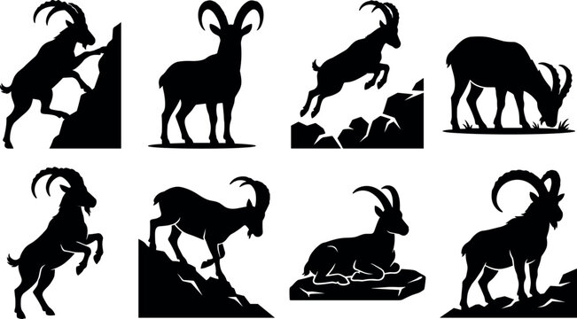 Wild alpine ibex mountain goats wildlife animals solid black vector silhouette icon set in image_256142.png