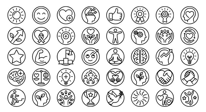 Positive Thinking and Happiness Outline Icon Collection with Open Mind Growth Motivation and Wellness Elements
