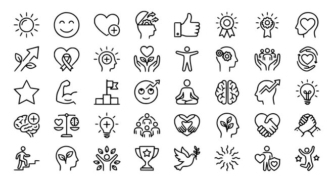 Positive Thinking Editable Stroke Outline Icons Set with Happiness Growth Mindset Wellness and Motivation Symbols
