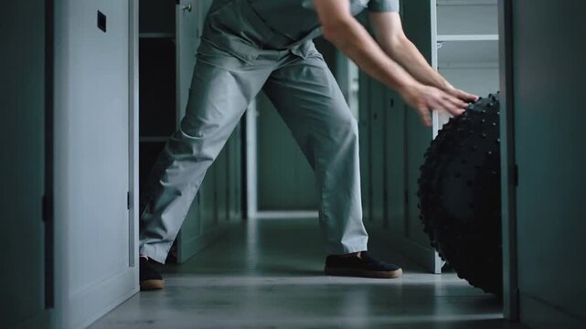 Entering man in grey jumpsuit gripping and rolling spiked ball through hall toward racks to store