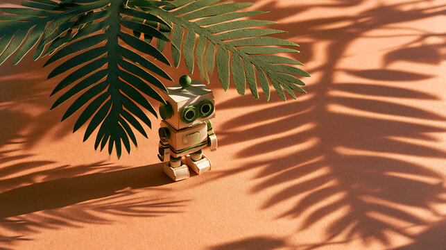 A small green robot is sitting under a palm leaf made of paper
