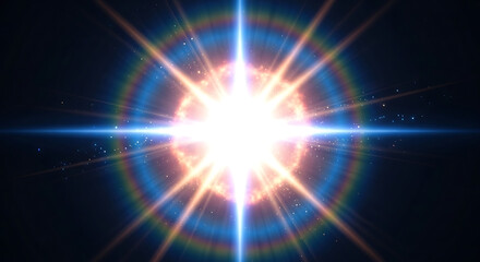 Fototapeta premium Bright star explosion with colorful light flares and a dark cosmic background a dramatic scene