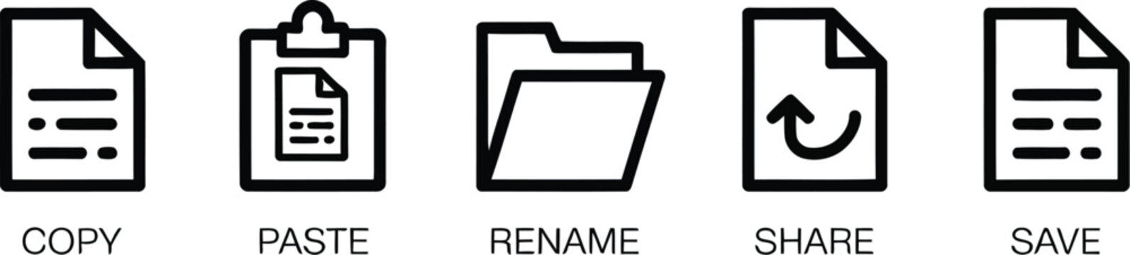 Cut, copy, paste, rename, share, save and delete icon collection in line and glyph styles for user interfaces.
