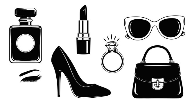 Fashion accessories set vector illustration perfume lipstick shoe bag ring sunglasses