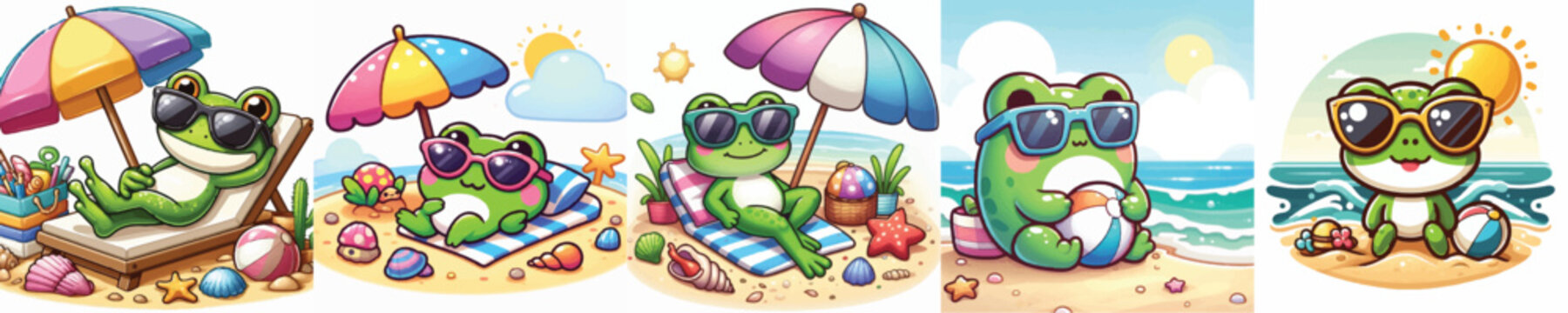 Vector of a cute cartoon frog character wearing sunglasses at the beach