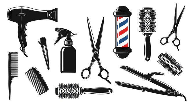 Hairdresser tools collection vintage barber pole hair dryer comb and scissors