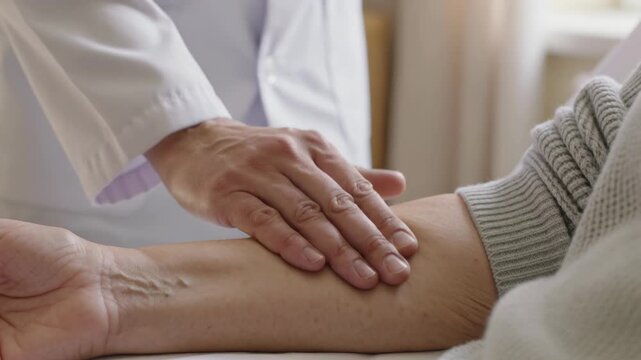 Hovering clinician placing palm on patient's forearm at bed, wearing white coat, assessing pulse