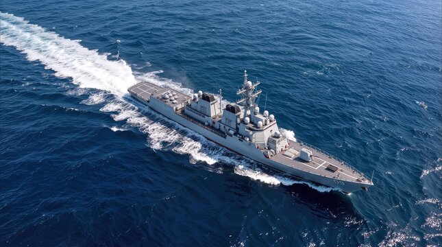 Guided missile destroyer sailing through deep blue ocean water. Modern naval warship performing maritime security operations during high speed transit.