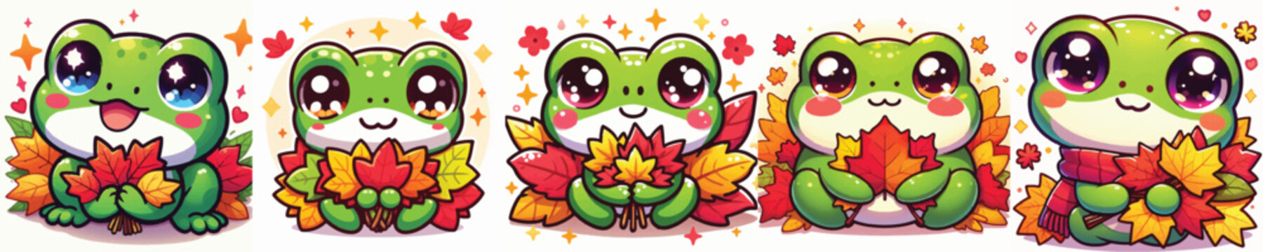 Vector of a cute cartoon frog character holding colorful autumn leaves