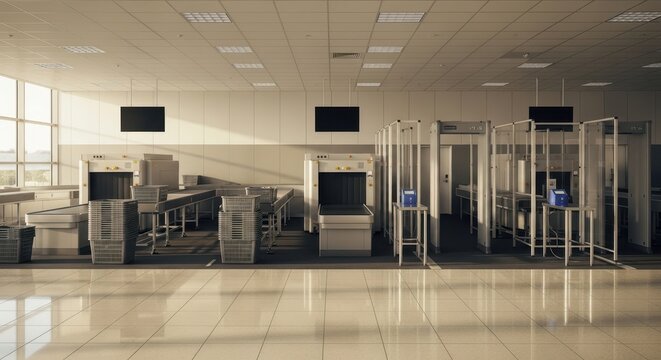 Empty airport security checkpoint in modern sleek design with bright natural lighting for travel and transportation