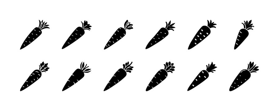 Black carrots icon set with green tops - Minimalist vector illustration of stylized black carrots with green tops arranged in a grid pattern, ideal for food and vegetable designs.
