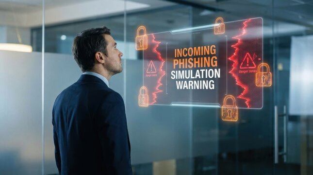 Corporate Cybersecurity Professional Viewing Phishing Alert Projection