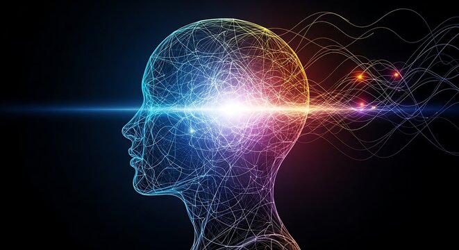 Abstract representation of human mind and cognition with glowing energy streams