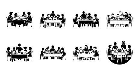 Fototapeta premium People sitting and standing in casual meeting groups - Illustrated vector icons of diverse groups of people engaged in casual meetings, discussions, and teamwork in a minimalist style.