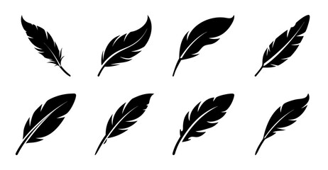 Fototapeta premium Set of eight elegant black feather icons - Minimalist black feather icons arranged in two rows of four, perfect for design projects needing simple decorative elements.