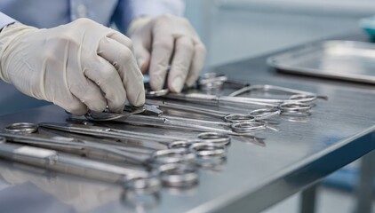 Fototapeta premium Closeup of staff carefully inspecting medical tools on a stainless steel bench focused on precision while the surrounding environment remains out of focus.