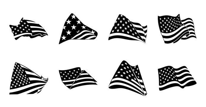 American flag waving in different styles - Black and white vector illustration of the US flag waving in various dynamic poses and angles.