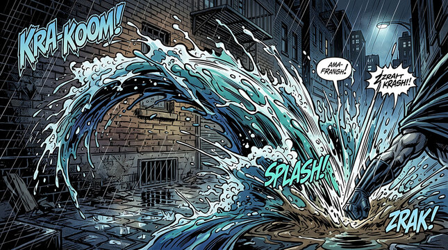 Dynamic liquid splash comic style scene with hero in city at night