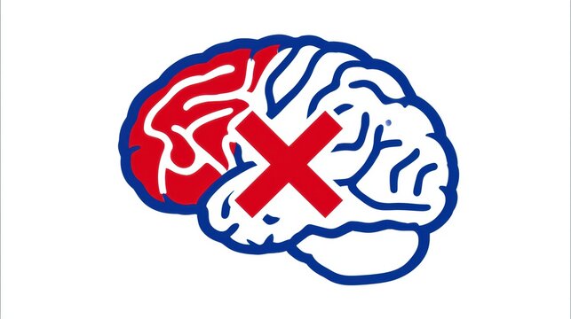 A brain outline with a red ischemic area and a red X marking a blocked vessel, set against a white background.