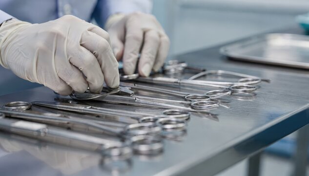 Closeup of staff carefully inspecting medical tools on a stainless steel bench focused on precision while the surrounding environment remains out of focus.