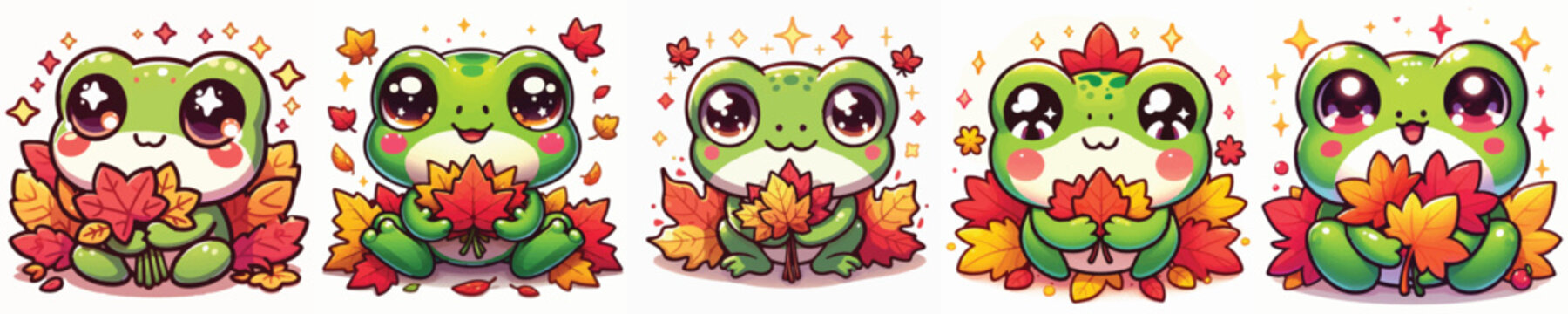 Vector of a cute cartoon frog character holding colorful autumn leaves