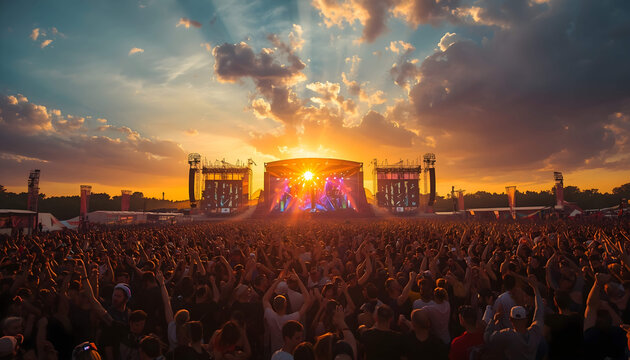 Concert goers enjoy music festival at sunset with stage and crowd
