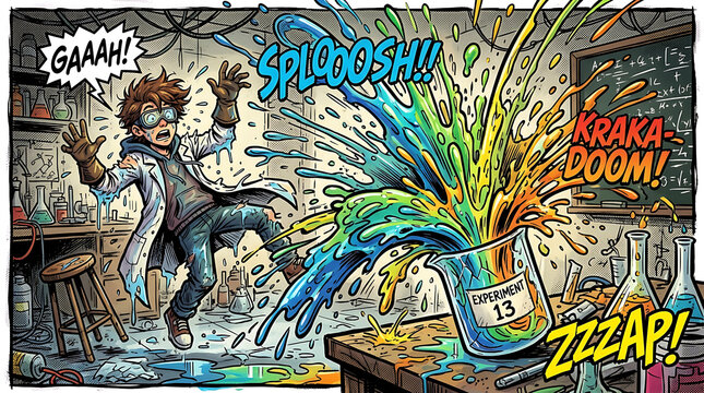 Man in lab coat reacts to colorful explosion in beaker on table