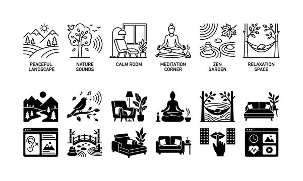 Relaxation and meditation icon set featuring calm Zen mindfulness, wellness, peaceful landscapes and quiet spaces