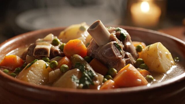 A hearty bowl of slow-cooked beef stew with vegetables on a table indoors