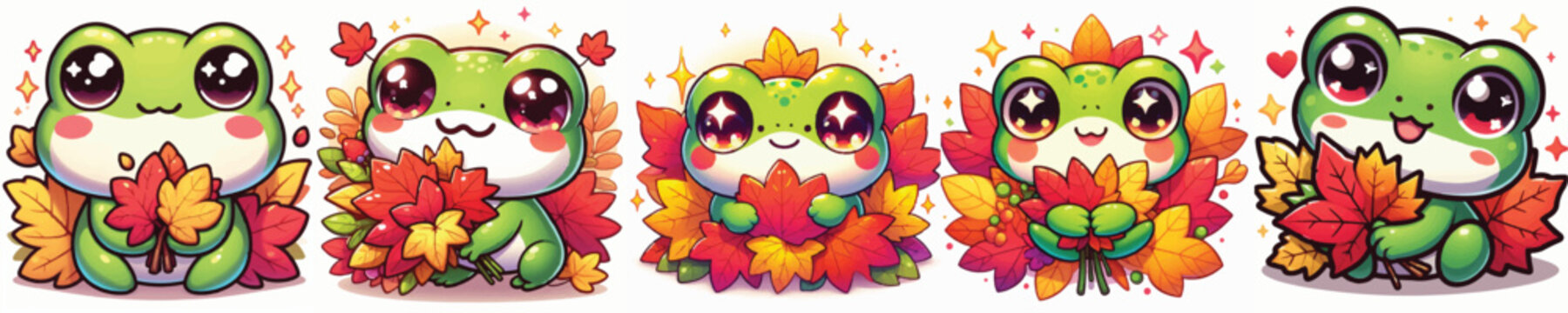 Vector of a cute cartoon frog character holding colorful autumn leaves