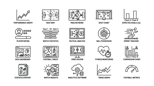 Football analytics icons set, 20 soccer data statistics line symbols. Sports performance metrics, match analysis dashboard elements, tactical strategy vector.