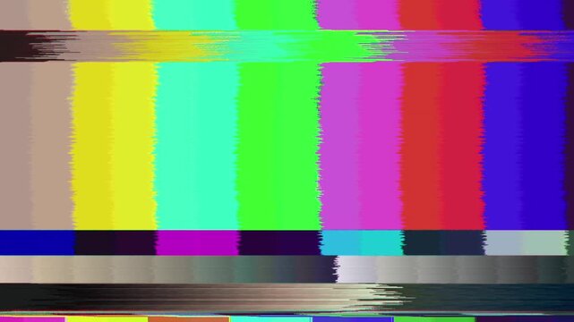 Old TV no signal lost connection. Static color noise overlay. Video corruption due to errors. Bad interference. Broken antenna. Distortion and flickering, analog TV signal. Vertical color lines.