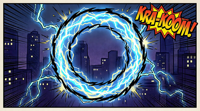 Electric sparks burst in cityscape at night with Kraboom explosion