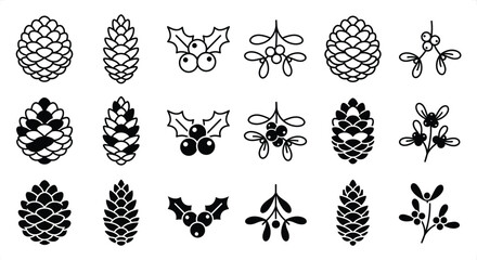 Christmas botanical icons set, 18 pinecone and holly berry vector elements, winter mistletoe line art and silhouettes for holiday design © Graphic Seller