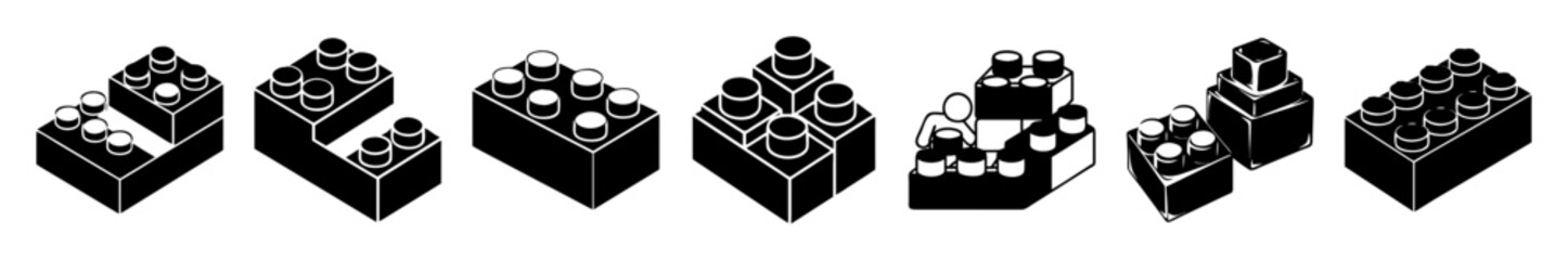 Fototapeta premium Lego block assorted icons set in flat style - A collection of simple, flat-style Lego brick icons in black and gray tones, perfect for digital design projects or educational content.