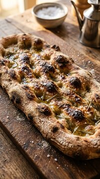 Pizza alla Pala crust texture, flatbread background, rosemary and sea salt topping, olive oil puddles in dough dimples, semolina flour dusting