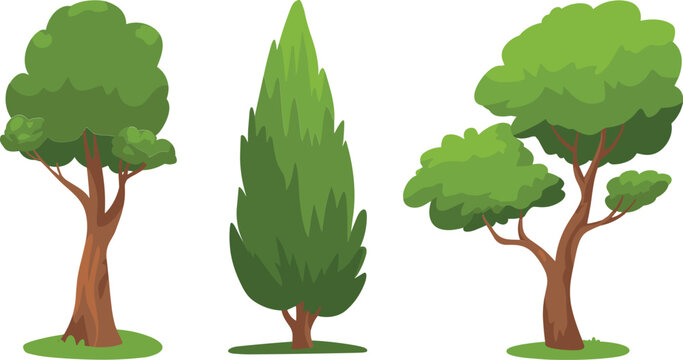 Green trees vector illustration set, nature plants foliage forest landscape flat cartoon design elements