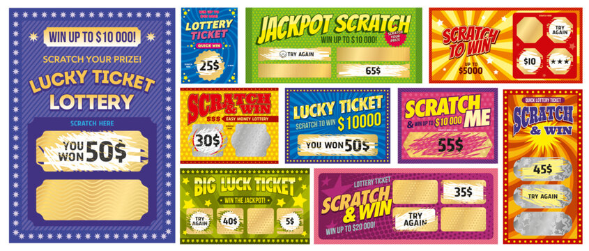 Scratch lottery cards or win prize tickets and scrape lucky coupons for lotto game. Lottery scratch cards of money jackpot or fortune win, scratch off foil layer texture for casino or bingo gambling