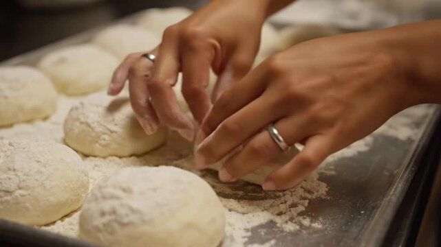 Close-up of a person's hands handling round balls of raw yeast dough on a floured metal tray in a commercial kitchen, preparing dough portions for baking pizza or bread.