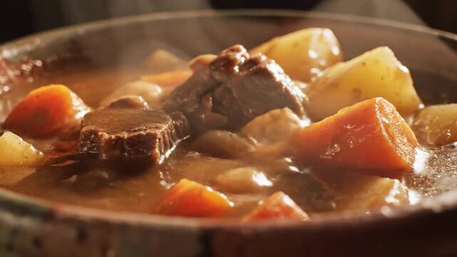 A hearty stew with chunks of beef, carrots, potatoes, and beans in a rich brown broth.