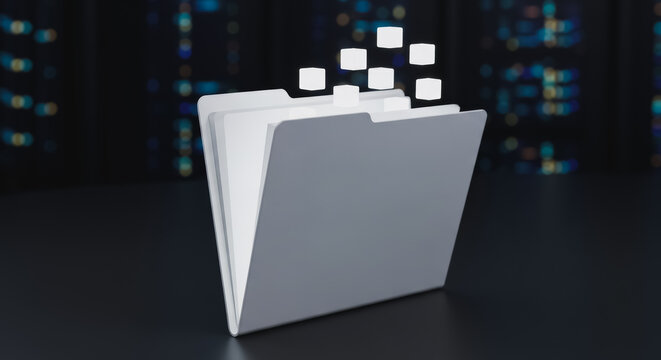 3D digital file folder icon with floating data cubes in a dark server room representing cloud storage and data management