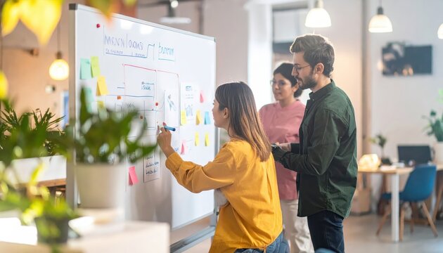Diverse marketing team brainstorming campaign ideas on a large interactive whiteboard