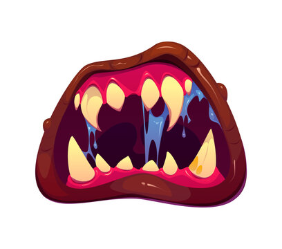 Cartoon Halloween monster jaw with sharp fangs and open screaming mouth. Vector red gums, yellow teeth and blue slimy drool dripping down. Halloween scary grin with horror expression