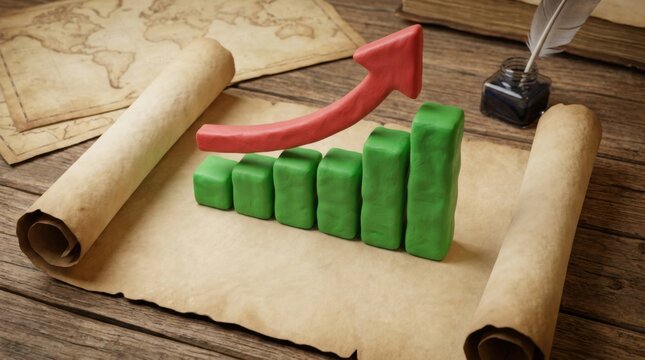 Growth bar chart made of green clay with a red arrow pointing upwards on an old parchment scroll