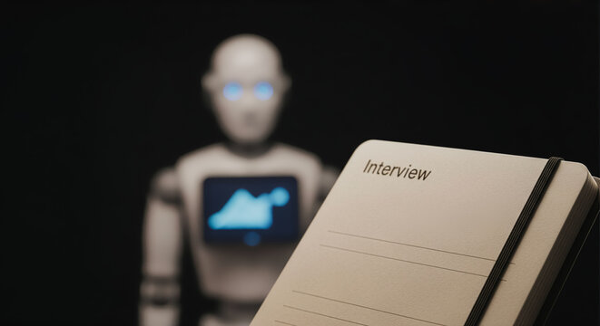 Humanoid robot in a dark studio setting representing the role of artificial intelligence in modern job recruitment and interviewing