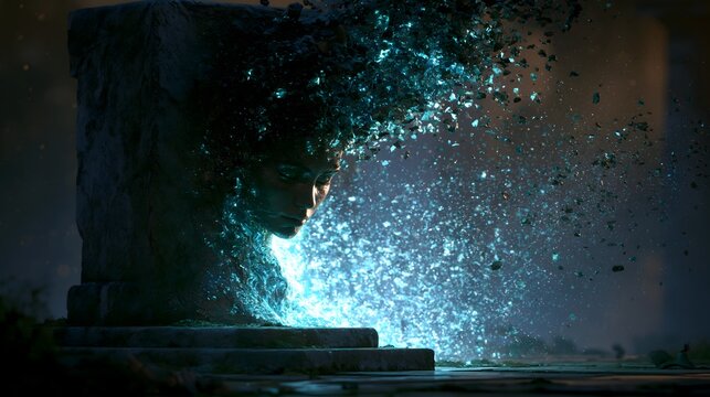 Futuristic fantasy 3D digital art backdrop featuring woman face with exploding crystal fragments and copy space