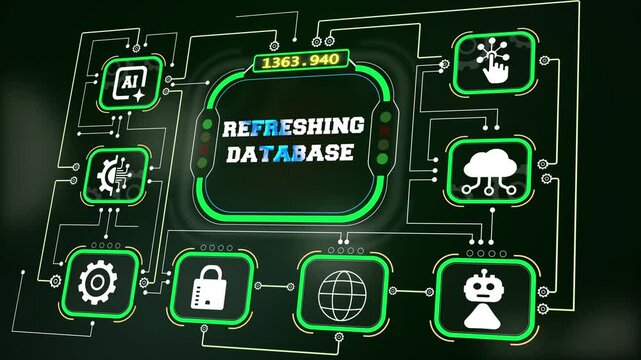 Refreshing database HUD interface for data optimization videos, cloud sync tutorials, corporate network updates and server backup presentation loops