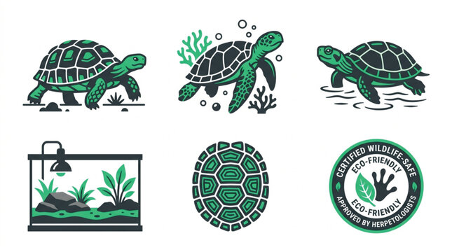 Flat turtle icon set grey and green tortoise reptile wildlife vectors for zoology website