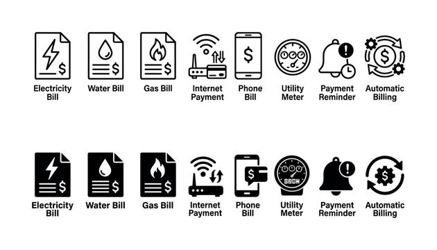 Utility bill and payment icon set featuring electricity, water, gas, internet and automatic billing services