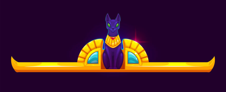 Ancient Egyptian golden frame border, Egypt divider separator and pharaoh decoration. Ancient Egyptian game UI element of sacred cat on gold border with jewel gems of Egypt pharaoh pyramid treasure